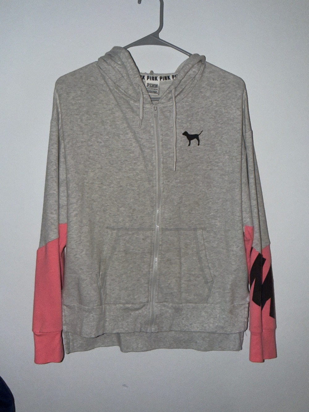 PINK Victoria's Secret Gray Zip Hoodie with Pink Sleeve Panels